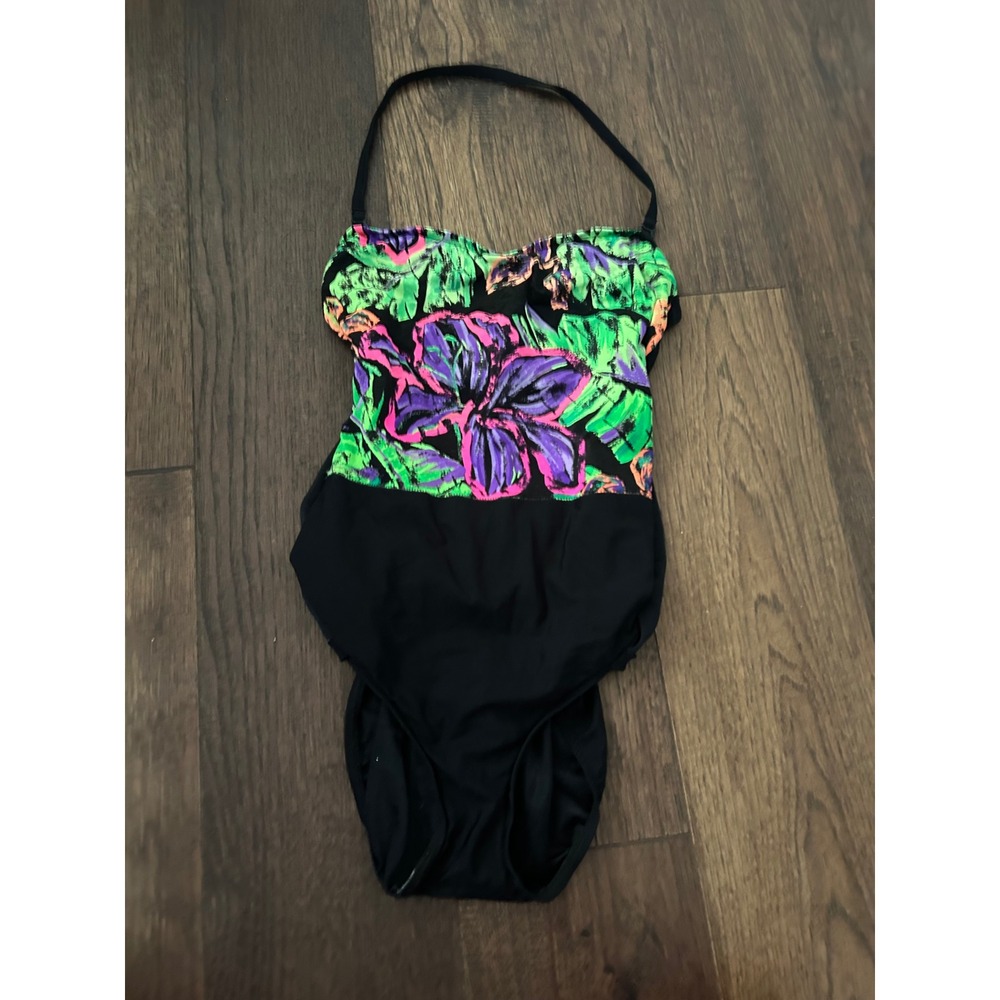 Vintage 90s retro longitude Neon Floral One Piece Swimsuit halter 10
